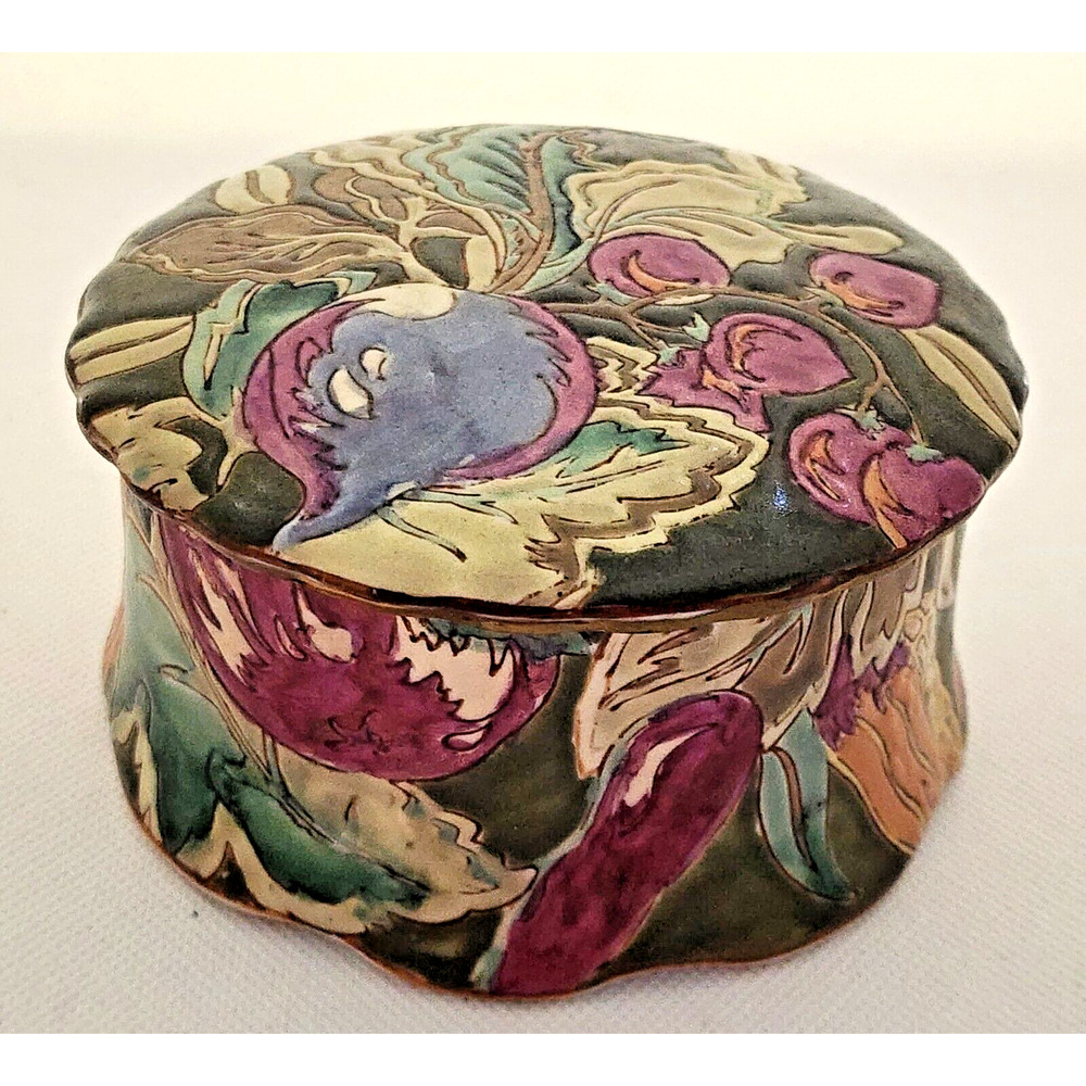 Trinket Box-Jewelry Box-Enamel-Green-Purple-Gold Tone Trim-4.25" x 2"